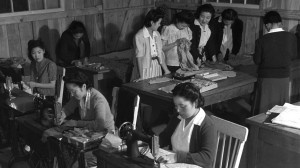 Japanese American women sewing at Rohwer camp